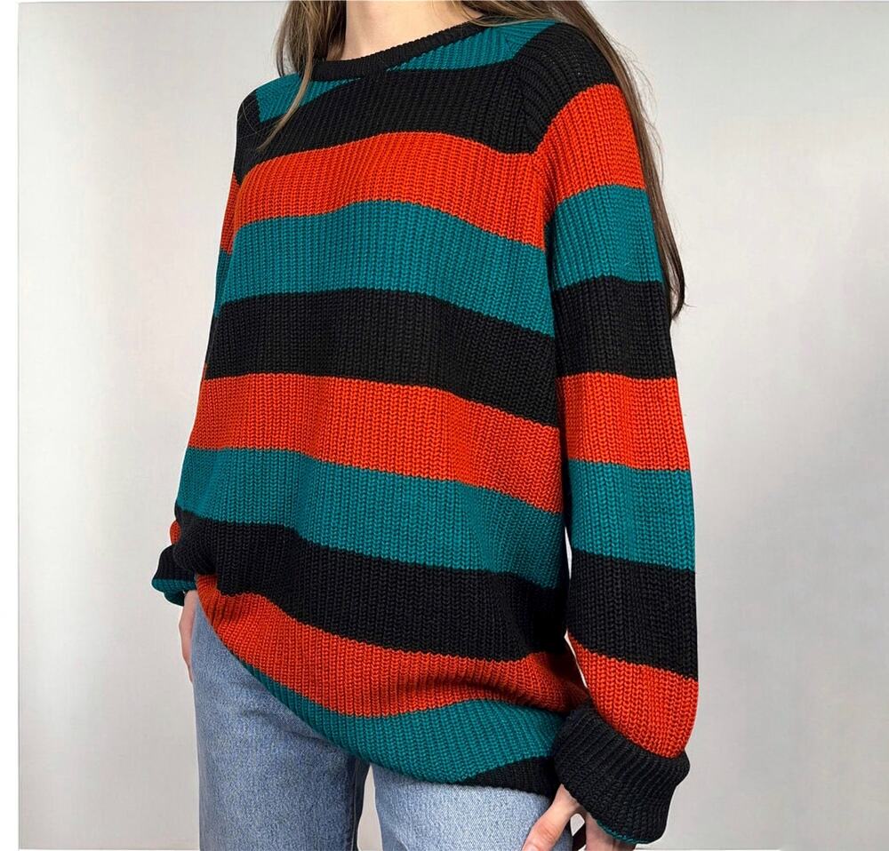 Vintage 80s 90s Striped Sweater Orange Teal Black Oversized Medium Grunge